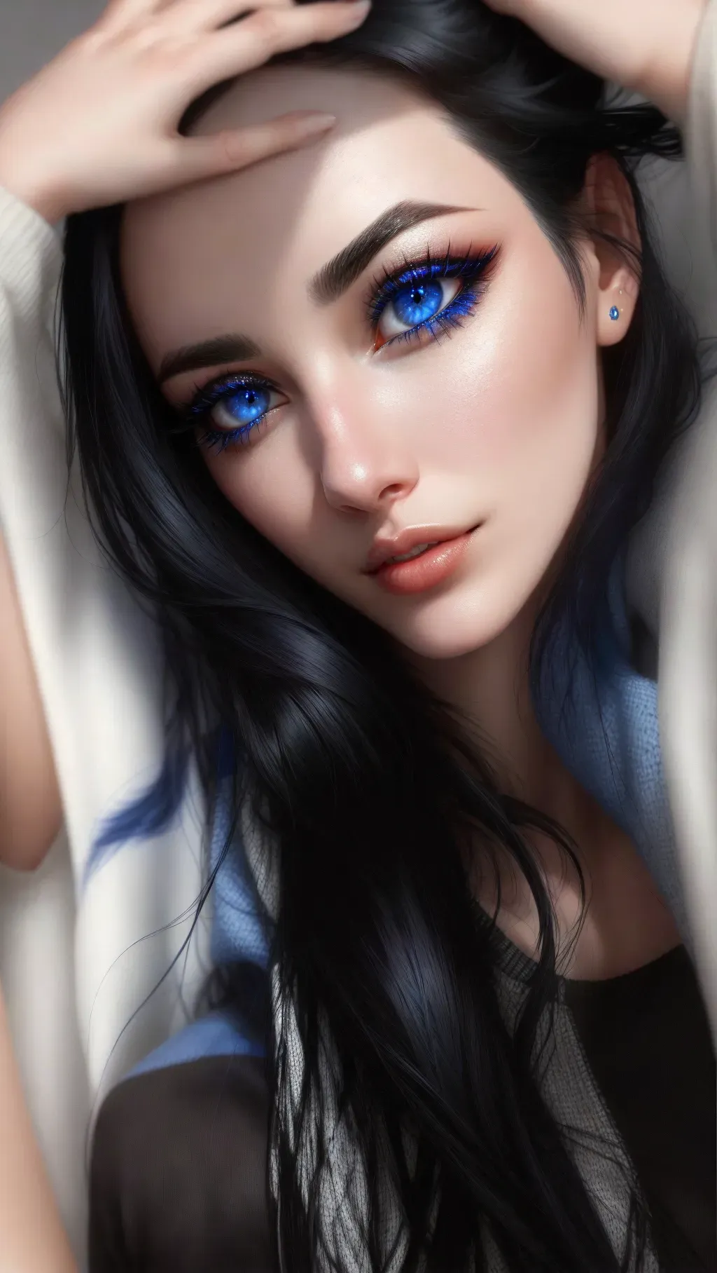 Sexy girl up close, black hair, cute face, blue eyes, long eyelashes, sweater,