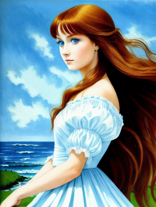 best quality, a beautiful woman, with long auburn hair, and azure eyes, wearing a flowing white dress
