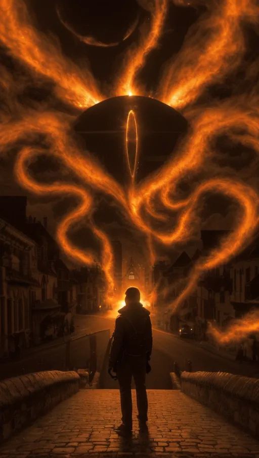 The sunset is sprouting solar flare tentacles burning the dusk sky and the village beneath it