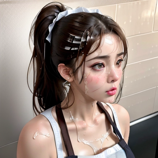 A 8k resolution photo shot of, brunette American housewife with high ponytail,dpmg_face_cum_v1, <lora:bukkake:1>,kneeling, facial cumshot, surprised look, mouth open, shocked look on her face((wearing a kitchen apron outfit with her breasts sticking out of the top)),((revealing two boobs out)),((perfectly nipples placement)),((detailed hair features)),((detailed facial features)),((detailed body features)),((detailed arms features)),(textured skin),((beautiful lips)),((highly detailed)),((8k resolution photo shot)),((detailed kitchen background)),