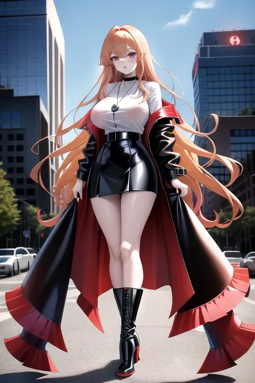 full body, strawberry blonde hair, hazel eyes, short girl, black miniskirt, black high heel boots, looking at viewer, long hair, pale skin, silver necklace, black shirt, 24 years old, giant breasts, cute face, pov, wavy hair, city environment, Oklahoma City, wide eyes, erotic, skirt tug, red trench coat