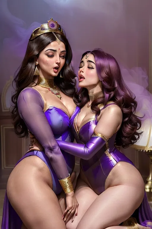 (((Two women))). ((Young Queen Victoria)) ((accurate face)) and Rani Lakshmi Bai, ((features of Aishwarya Rai)), (dark hair), thick eyebrows, beautiful faces, full lips, full cheeks, dimples on cheeks, wearing (((sexy leotard-style costumes))) with elaborate puffed sleeves, ((bare thighs)), sexy legs, slim figures, cute butts, extremely sexy, sitting in a palace room, high definition, ((((a dense purple vapour is coming into the room)))) they are being overcome by a powerful (((sneezing fit))) which is making them (((((sneeze uncontrollably)))) with ((nostrils flaring)), ((eyes closed)) and ((((mouths wide open)))))