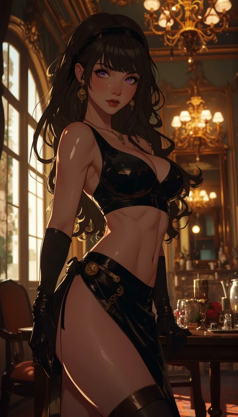Anime style. 1boy, Serena, SerenaRH, very long straight black hair, brown eyes, gorgeous lips, dark lips, medium perky breasts, perfect body, large hips, fit body, thick thighs, 1g0r, Dutch angle, earrings, elegant, makeup, fancy party room, indoor, golden details, dramatic light, face closeup, parted lips, makeup, abs, solo, parted lips, shiny skin, sweat, brown hair, toned, brown eyes, big breasts, braid, muscular male, black hair, long hair, looking at viewer, indoors, easynegative, FMAB_Envy, 1boy, solo, long hair, black hair, purple eyes, slit pupils, headband, crop top, bare shoulders, midriff, gloves, fingerless gloves, skirt, side slit, bike shorts under skirt, bike shorts, toeless legwear, leg tattoo, 1femboy, on knees