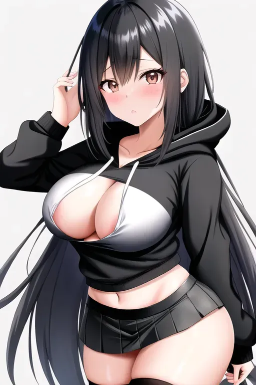 Anime drawing of a woman with gray skin, black hair, white hoodie, mini-skirt, black thigh-highs, wearing disc mask with black frown, gangbang, medium tits, exposed boobs