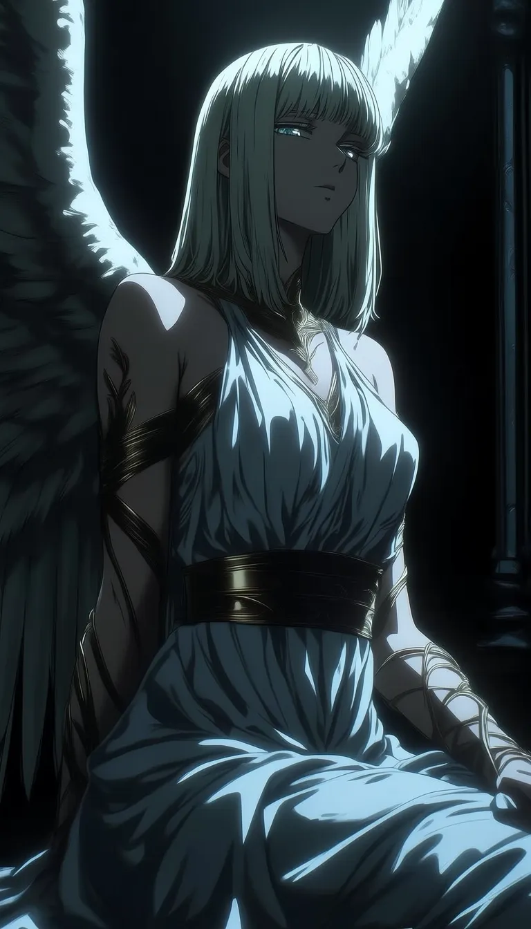 dark_art_style, 1girl, solo, alone, angel, wings, looking at the viewer, white dress, masterpiece, highres