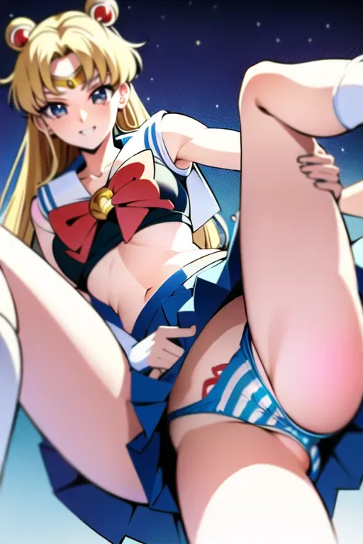 Sailor moon lifting her mini skirt showing her panties, blonde hair, blue striped panties