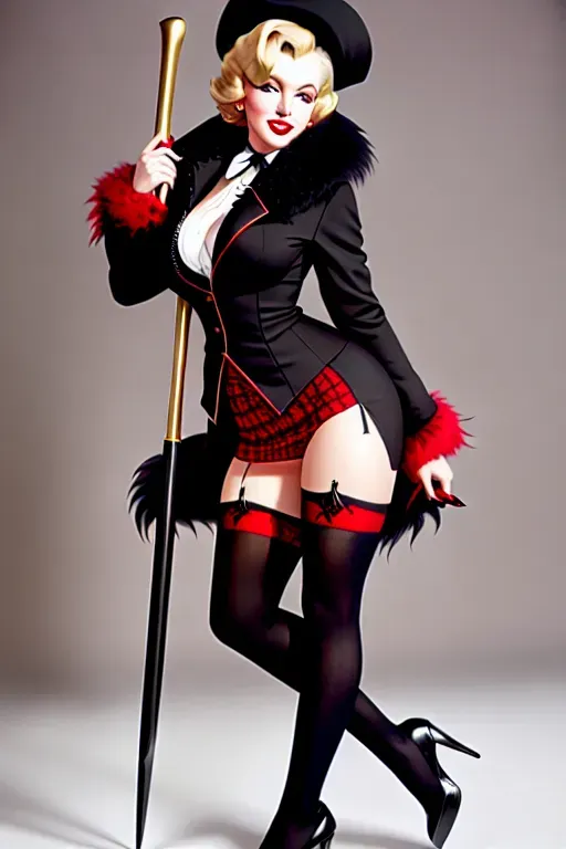 Marylin Monroe school girl outfit, black and red, blonde, scythe, fur coat, thigh highs