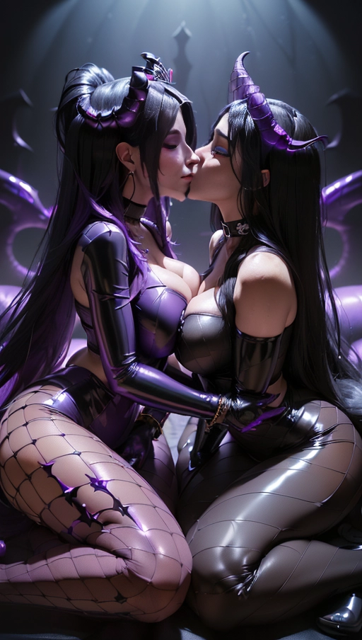 best quality, (((ultra high res))), (((detailed face and eyes))), (perfect face), (big shining heart choker), earrings, jewelry, (((big glowing succubus mark))), ((((big glowing succubus bodymark)))), (conjuring), 2 witches, ((very long voluminous hair)), ((((black hair)))), (((symbiote goo hair))), (((golden bracelet))), (((black skintight neckholder))), lipstick, (((((black demon tails))))), ((black long sleeves)), ((purple glowing hearts)), (((demon mark))), (((((bright purple glowing skin tone))))), (((straight hair))), ((purple glowing clothes)), ((purple luminescent)), ((((purple luminescent skin tone)))), (((purple skin))), ((((purple goo everywhere)))), (((2 symbiote girls))), ((((vampire suit)))), ((goo tail)), (((2 succubi))), ((((very very long hair)))), ((glowing eyes)), ((((big dark diamond crown)))), (((((big diadem))))), ((((huge cameltoes)))), ((heart on womb)), ((((black demon tails)))), (((black leggings))), ((((fishnet)))), ((latex)), (((black boots))), (((((2 girls cuddling))))), (((((two girls kissing))))), ((pushup)), (((Kylie Jenner and Kylie Jenner))), ((bed)), (((face closeup)))