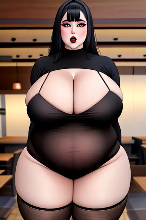 a photo shot of, an ssbbw girl, goth girl, beer belly, mom bod, huge mom bod, fat mom bod, bloated, fat gut, huge gut, stuffed gut, swollen gut, huge stomach, giant beer belly, blushing, stuffed belly, chubby cheeks, indoor, fast food restaurant, thick neck, bombshell, slutty, fattest girl, huge breasts, large belly, huge belly, fat belly, fat rolls, giant belly, double chin, chubby, huge thighs, fat thighs, giant thighs, massive thighs, thicc thighs, muffintop, huge muffintop, fat muffintop, spare tire, thicc, five fingers per hand, wide hips, weight gain, feederism, fatty, pale skin, mean face, smooth, pixiv, highly detailed, surreal, sharp focus, full body, fat arms, huge arms, extra large hips, extra large waist, goth, all black clothes, blonde hair, black lipstick