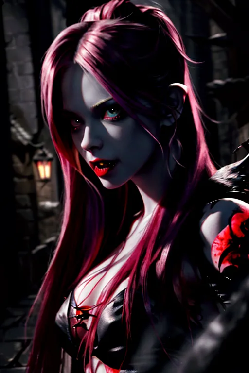 (Avril Lavigne), naked, ultra detailed face, 64k, vampire, razer sharp teeth, vampire teeth, blood on teeth, squinting menacing eyes, evil expression, dark alley, body modification, ultra detailed body image, 4k, ultra realistic, photo realistic,upper body portrait,