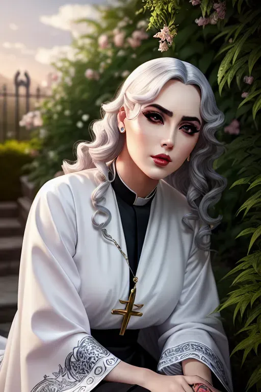 a photo shot of,a priest,sitting,in the garden,five fingers per hand,wavy curtain bang,gorgeous face,beautiful lips,detailed large eyes,curved eyebrows,smooth skin,satisfaction,tattoo,pixiv,cinematic lighting,8k,editorial,surreal