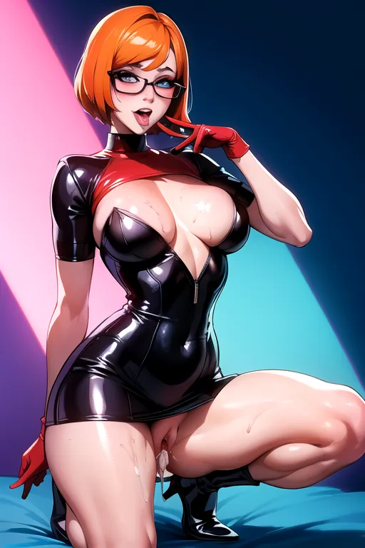 looks like velma dinkley, ahegao, nice breasts, editorial, porno scene, (outfit:1.4), dynamic scene, 8K, digital photo, (cum:1), (slut:1.5),