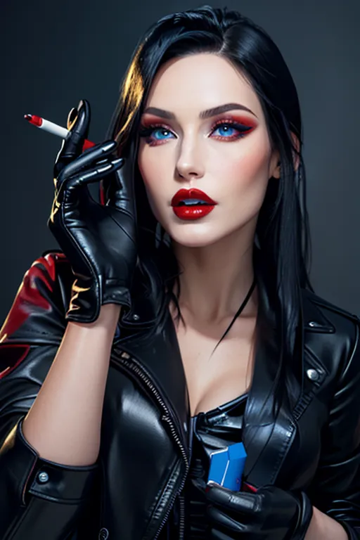 Beautiful woman with long black hair with bright red lips, blue eyes and dark eye makeup, wearing a black leather jacket and black leather gloves holding a cigarette in her right hand