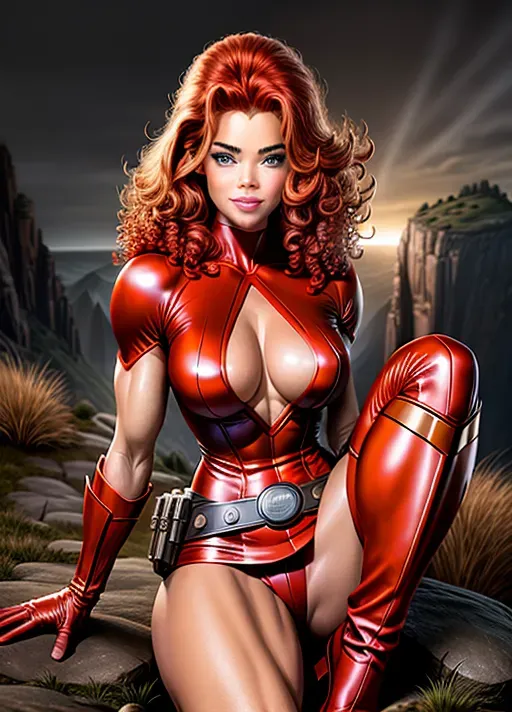 female superhero, (young Denise Richards:1.2), (accurate face:1.4), short and curly red hair, small nose, (beautiful eyes:1.2), full lips, small breasts, large cleavage, erect nipples, orange and red superhero costume, sleveless super hero costume, exposed arms and short sexy skirt, superhero costume straining against breasts, hard nipples visible, short sexy gloves, (partly torn costume:1.2), toned body, abs, narrow waist, knee high boots, (flexible:1.2), sexy pose, (sensual and mysterious smile:1.2), (NSFW:1.2),
rocky ground, steep cliff in the background, red lightning bolts in the sky,
an ultra realistic photograph, <lora:dpmg_add_detail:1.2>, artificial light, highest quality, highest resolution, (photorealism:1.0), (masterpiece:1.2),
high definition, 8k quality, cinematic composition, cinematic lighting, great shading, awesome detail.
