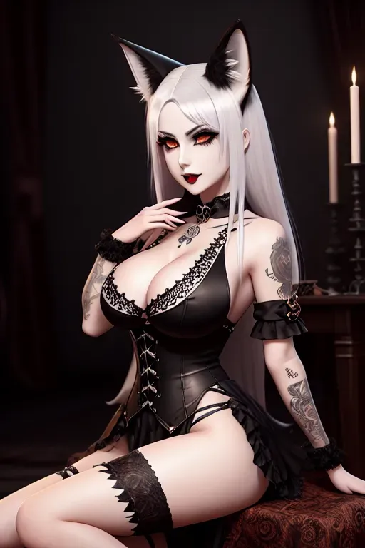 a concept art of,a nine-tail fox,wearing goth clothes,sitting on bent knees,in a tea party,natural breasts,five fingers per hand,silky hair,beautiful face,beautiful lips,curved eyebrows,pale skin,joyful,tattoo,8k,pixiv,cinematic lighting,cgsociety,studio lighting