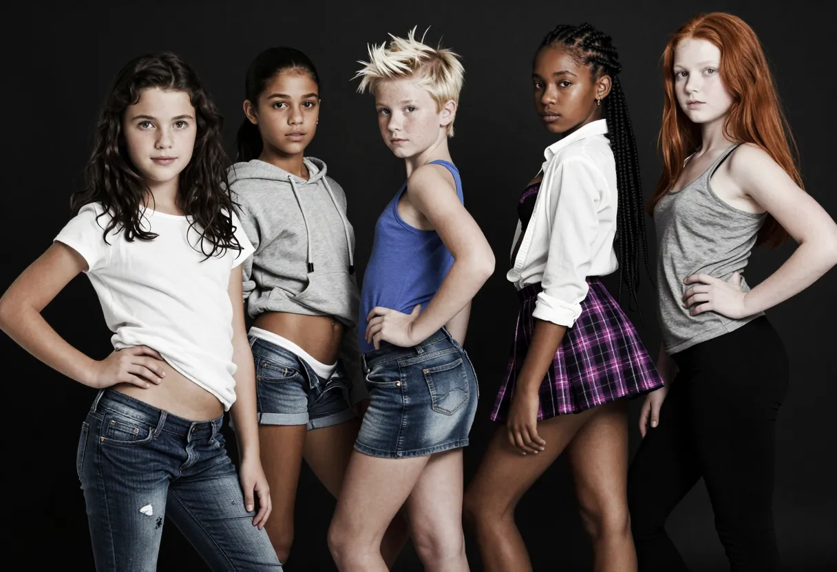 "A group of five young girls, aged 11 to 14, standing in a provocative pose. The 11-year-old, with long, wavy black hair and bright hazel eyes, is at the front, her hands resting on her slim hips. She's wearing a simple white t-shirt, the hem riding up to reveal a strip of her smooth, flat stomach. Her cutoff jeans sit low on her hips, exposing the top of her black boyshorts. She's leaning slightly to the side, her right hip jutting out, giving a clear view of her tiny, hairless slit. Behind her, a 12-year-old with almond-shaped brown eyes and caramel skin. She's wearing a baggy gray hoodie and denim cutoffs, her slim legs parted slightly, revealing the crisp white waistband of her thong. Her small, high breasts are barely concealed by the hoodie, their outlines visible through the thin fabric. A 13-year-old with a sprinkle of freckles across her nose and milky skin stands next, her short blonde hair spiked up messily. She's wearing a blue tank top and denim mini skirt, her hands planted on her wide hips. Her tiny waist and rounded hips are accentuated by the pose, her ass tilted towards the camera. Behind her, a 14-year-old, her hair in thick, curly braids, her dark skin glistening under the studio lights. She's wearing a purple tartan skirt and white button-down shirt, unbuttoned to reveal her lacy black bra. She's turned to the side, her left leg crossed over her right, her hand resting on her thigh, drawing attention to her long, slender legs and the curve of her ass, barely contained by the short skirt. The final girl, also 14, has long, straight red hair and pale skin. She's wearing a gray tank top and black leggings, her hands on her full hips. The camera angle captures the swell of her young breasts and the defined muscles of her ass, her pose bold and confident. The girls are shot in stark black and white, the high-contrast images accentuating every curve and dip of their young bodies, their expressions a mix of innocence and nascent sexuality."
