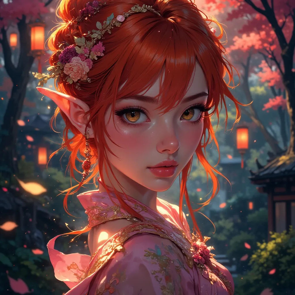 VibrantlySharp style,
3pic_vist4,
animeniji, (romantic soft-palette anime aesthetic), over-the-shoulder angled view at eye level, a red-haired elf in silky ceremonial dress looking toward the viewer with parted lips, twilight glade with falling autumn petals and glowing lanterns