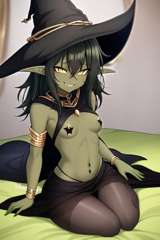 Sorceress, goblin, woman, black hair, dark green skin, short, black cloak, black witch hat, yellow eyes, smirk, exposed breasts, green nipples, black skirt, boots, sitting on bed, black leggings, wide hips, perky breasts, full body, small breasts, slim, black gloves, gold jewelry, bending over,