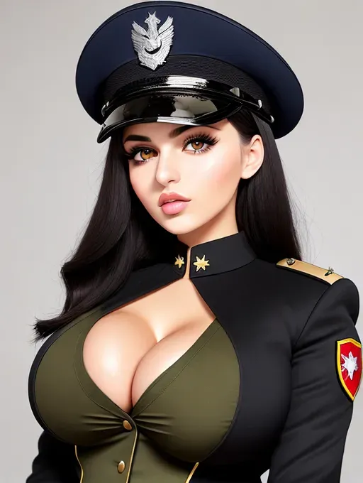 Gorgeous young Albanian woman, photo cute attractive young face, large wide doe eyes, light colored eyes, big plump lips, huge gigantic boobs, (gigantic tits), raven-black hair, bangs, sexy, thin, slim waist, tight olive-colored army soldier uniform, photorealistic, best quality, ultra high resolution