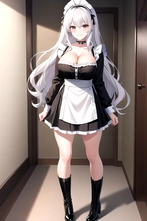 miniskirt, black maid uniform, white hair, choker, brown eyes, pale skin, giant breasts, boots, cleavage, high heels, looking at viewer, walking across room, living room, 1girl, smiling, wavy hair, 8K, Full body photo, slim body