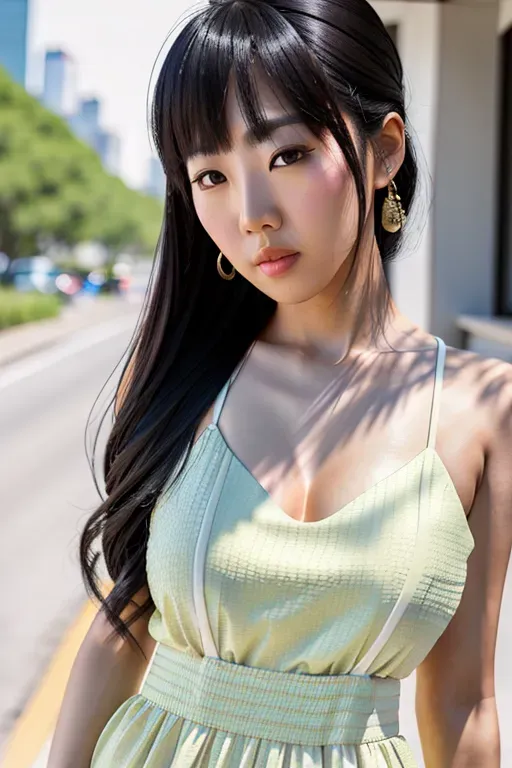 A 8k resolution photo shot of,Asian American woman ,((((wearing summer outfit)))),((detailed hair features)),((detailed facial features)),((((looking at the camera)))),(beautiful lips),(detailed body features),(detailed arms features),textured skin, small boobs, low natural light, talking a selfie