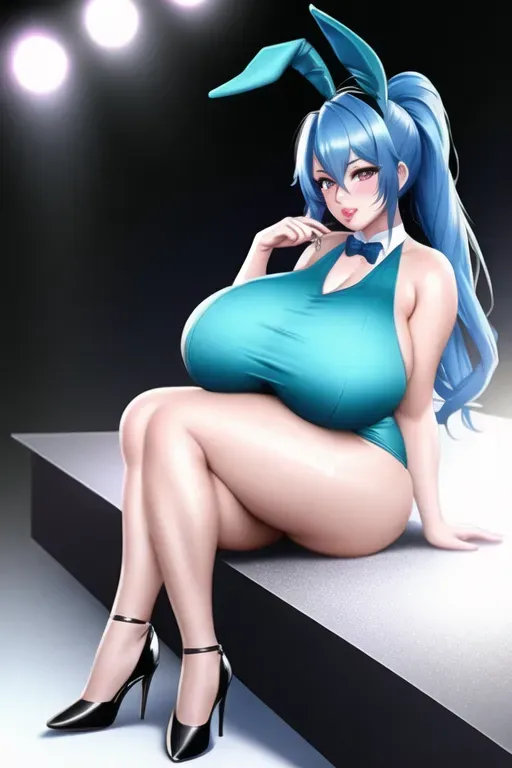 a photo shot from front of, a bunny girl, blue hair, huge breasts, charming face, beautiful lips, curved eyebrows, pale skin, satisfaction, highly detailed, high heels, sitting, cinematic lighting, 8k, studio lighting, ultra realistic, five fingers per hand