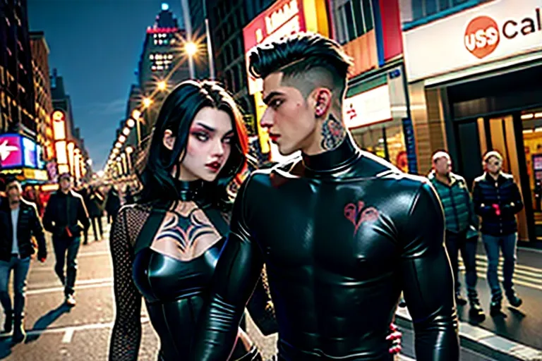 A beautiful goth vampire couple are walking together in New York City late at night, the woman is beautiful and 20 years old and has black hair and a slinky body and the man is 20 years old and handsome and this young strong and thin, both of these characters are rough edged with tattoos and a lot of leather and they both look like members of a street gang, realistic photograph, street lights