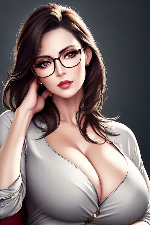 photoreal style art, mature woman, loose dark hair, blouse bursting open, half rim eyeglasses, sly look to viewer, pursed lips
