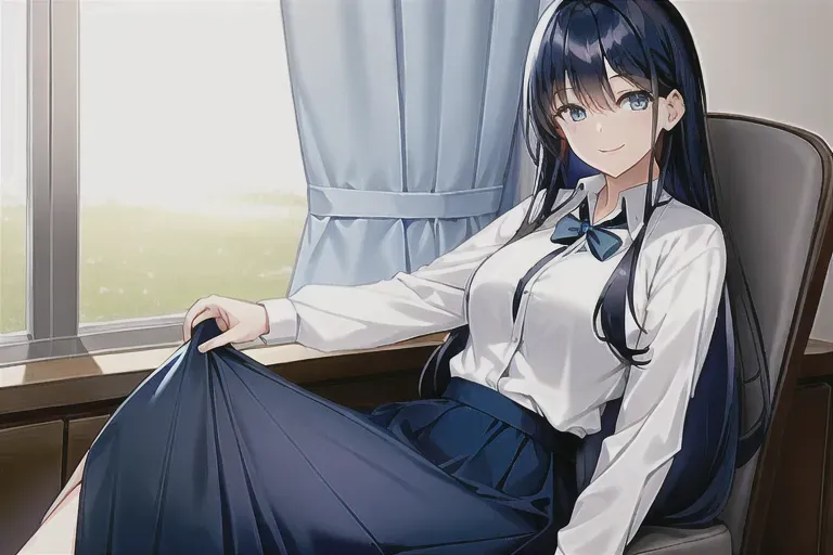 girl,dark blue eyes,long dark blue hair,gorgeous face,cute,smiling,long skirt,white shirt,sitting in chair