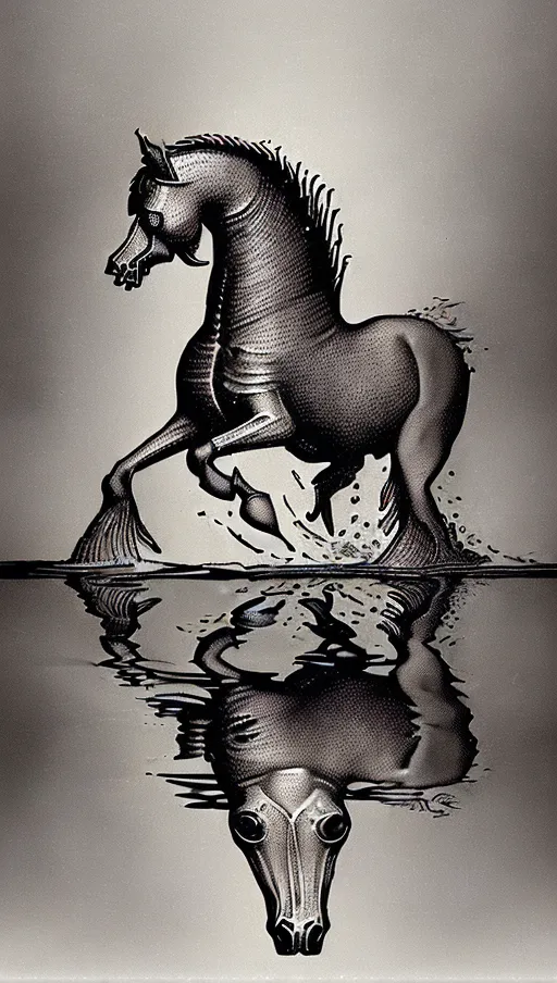 ((128k masterpiece)) (In water reflection is skull image) vintage etching style illustration of a Scottish kelpie water creature, (((Vintage line etching style))). a bestiary image of a traditional (welsh kelpie fantasy mythical creature), dynamic compositional poster art)), kelpie:1.5 water dwelling horse of sadness, ((half-horse-half-fish)) as in water reflection skeletons hands raise from water skulls in water