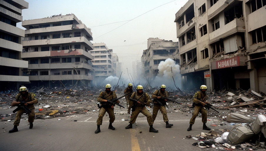 1998 Jakarta riot real photography on the street but amplified 100 times more intense, soldiers shooting flamethrowers and sporting RPGS, intense gunfight on the streets between peacekeepers and rebels, buildings on fire or collapsed in ruins, missiles flying on the sky, night time no electricity