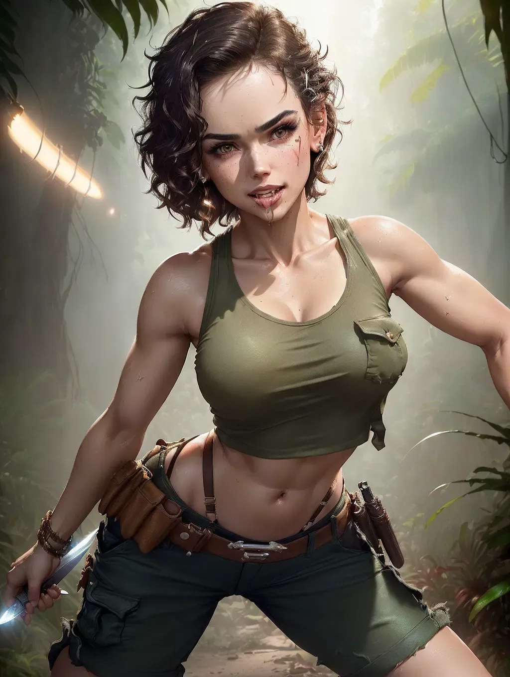 realistic HD photograph of, (((side full body profile)))(((Daisy Ridley)))((accurate face)), (((As a Jungle Princess)))(((wearing ragged cropped tanktop)))(((wearing ripped cargo hotpants)))(((wearing utility belt with knife scabbard)))((freckled face)) ((((grabbing her breasts)))(((touching vagina)))(((masturbating)))), very sexy pose,(((perky breasts))), (((slender build))),(((sexy biting lower lip)))(((short messy hairstyle)))(((mischievous playful expression))), beautiful face, beautiful lips,detailed large eyes,curved eyebrows,cgsociety,cinematic lighting,studio lighting,professional,editorial,
