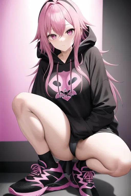 Pink hair, hoodie, black shirt, black skirt, high socks with shoes, pink eyes, adult