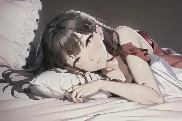 Cute girl, flat chess, waking up, eyes opening, silk red dress, messy hair, peacefull expression, laying down, blanket bellow shoulder, big pillow, black bra lace, arms on the side under the blanket ,sun lighting, high details quality, 8k resolution,high detail render,smooth skin, finger render, realistic fingers<lora:dpmg_girl_and_sundries:1>,<lora:dpmg_3d_rendering:1>