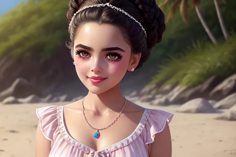 a color pencil draw of,a colombia girl,wearing nightgown,on the beach,five fingers per hand,updo hair,beautiful face,beautiful lips,detailed large eyes,curved eyebrows,curved eyelid,pale skin,joyful,wearing necklace,artstation,surreal,pixiv,highly detailed,unreal engine