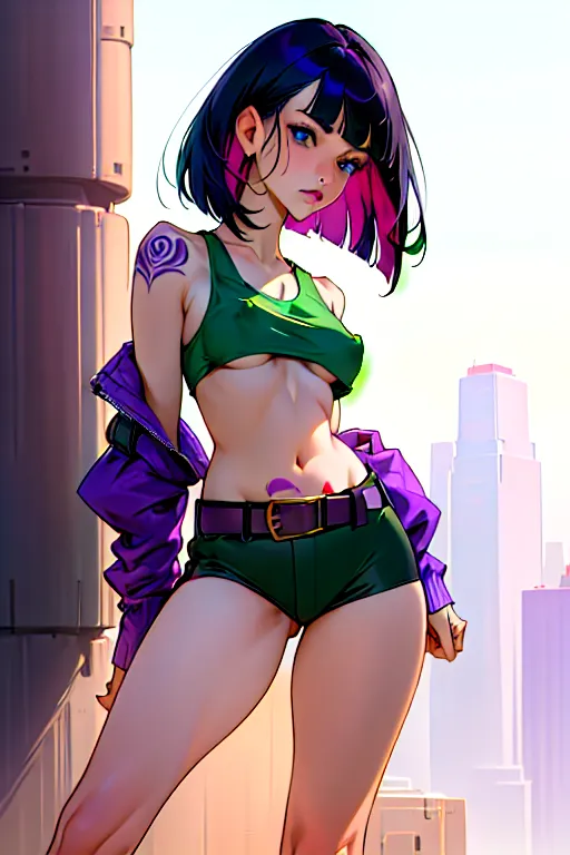 beautiful woman, (black hair with purple tips styled in a bob) and blue eyes, blunt bangs, (annoyed face), ((loose fitting to small cropped tank top burgundy)), ((dark green army short shorts and Belt)), (combat boots), perky bust, ((underboob)), purple lipstick, centered whole body image, (exposed navel), athletic, tattoo, dystopian future, masterpiece, best quality, bokeh, uncensored, ultra realistic face, perfect eyes, perfect edges, ultra realistic, hair with great details, face photorealistic, perfect face, perfect anatomy, soft focus, perfect lighting, erect nipples