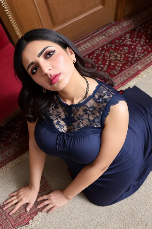 RAW photo, Professional, HDR, UHD, 64k, 40 year old Arabic woman, large tits, tight cotton navy dress , lace top , emotional, lipstick, detailed eyes, sad, crying, (tears:1.2), look at viewer, woman kneeling on floor, Canon camera