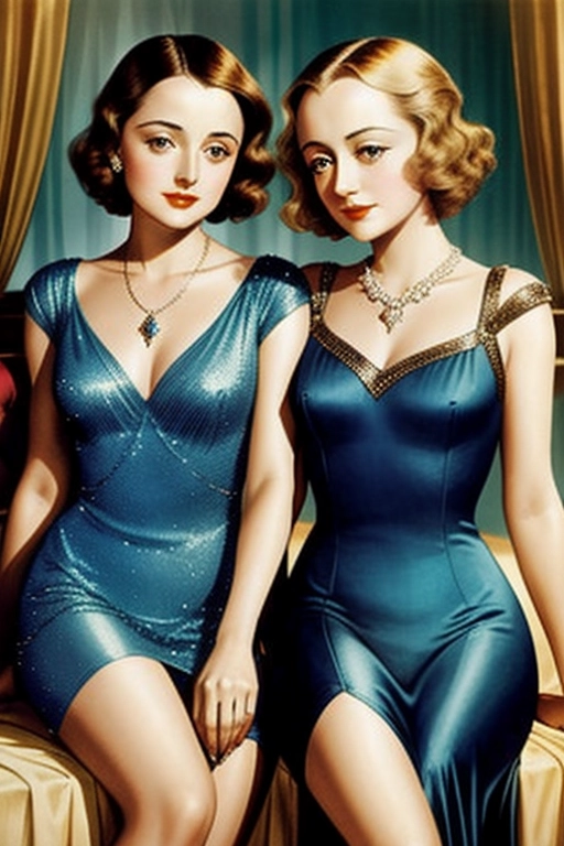 1920s style, beautiful young Olivia de Havilland and Bette Davis, aged 20, ((accurate faces)), sitting together in an elegant bedroom, sexy high-cut leotards,