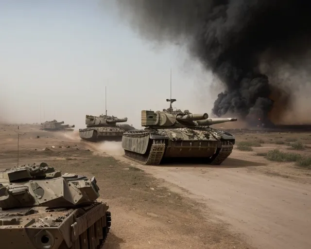a large battle tank in a dusty battlefield looms out of the smoke of the battle in the during a large tank battle while soldiers run into the fight in the background