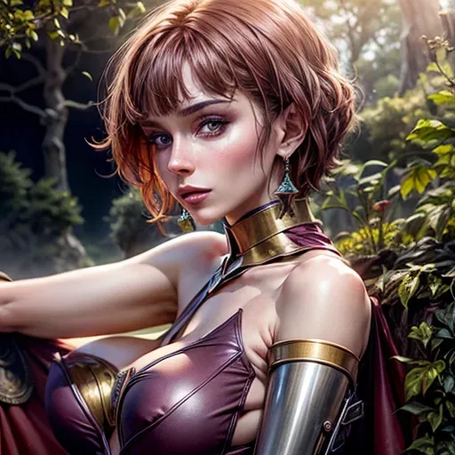 High fantasy setting, (Viktoria Kokorina:1.4), short red hair, large gold earrings, wearing leather and metal armour, sexy clothes in blue and purple colours, long cape, small breasts, cleavage, (detailed erect nipples:1.1), toned and slim body, abs, slender arms, narrow waist,
(very beautiful face:1.1), (very beautiful eyes:1.1), sexy pose with arched back, erotic smile, holding dagger or sword, looking at the viewer, nsfw, (frame with face and upper body:1.2),
castle on a cliff in a forest by a lake, night, setting lit up by strong moon light,
two arms, (two hands:1.1), (five fingers:1.2), (detailed fingers:1.0), two legs, two feet,
<lora:dpmg_add_detail:1.4>, vivid colors, cinematic composition, artificial light, UHD, HDR, highest quality, highest resolution, (photorealism:1.1), (masterpiece:1.1)