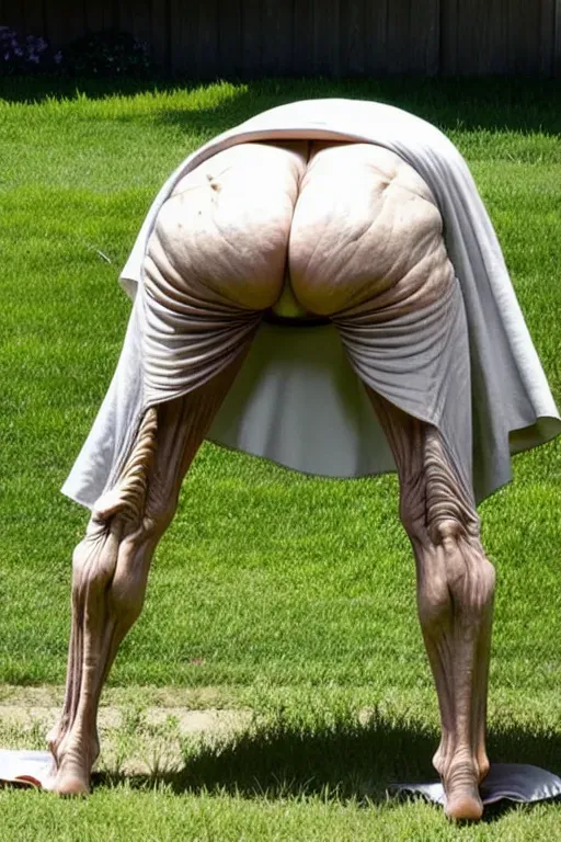 (great grandmother),(90 years old),(naked),(wrinkled skin),(very skinny), standing at picnic table, (crawling), (showing ass hole), (tan lines), lawn mower, yard