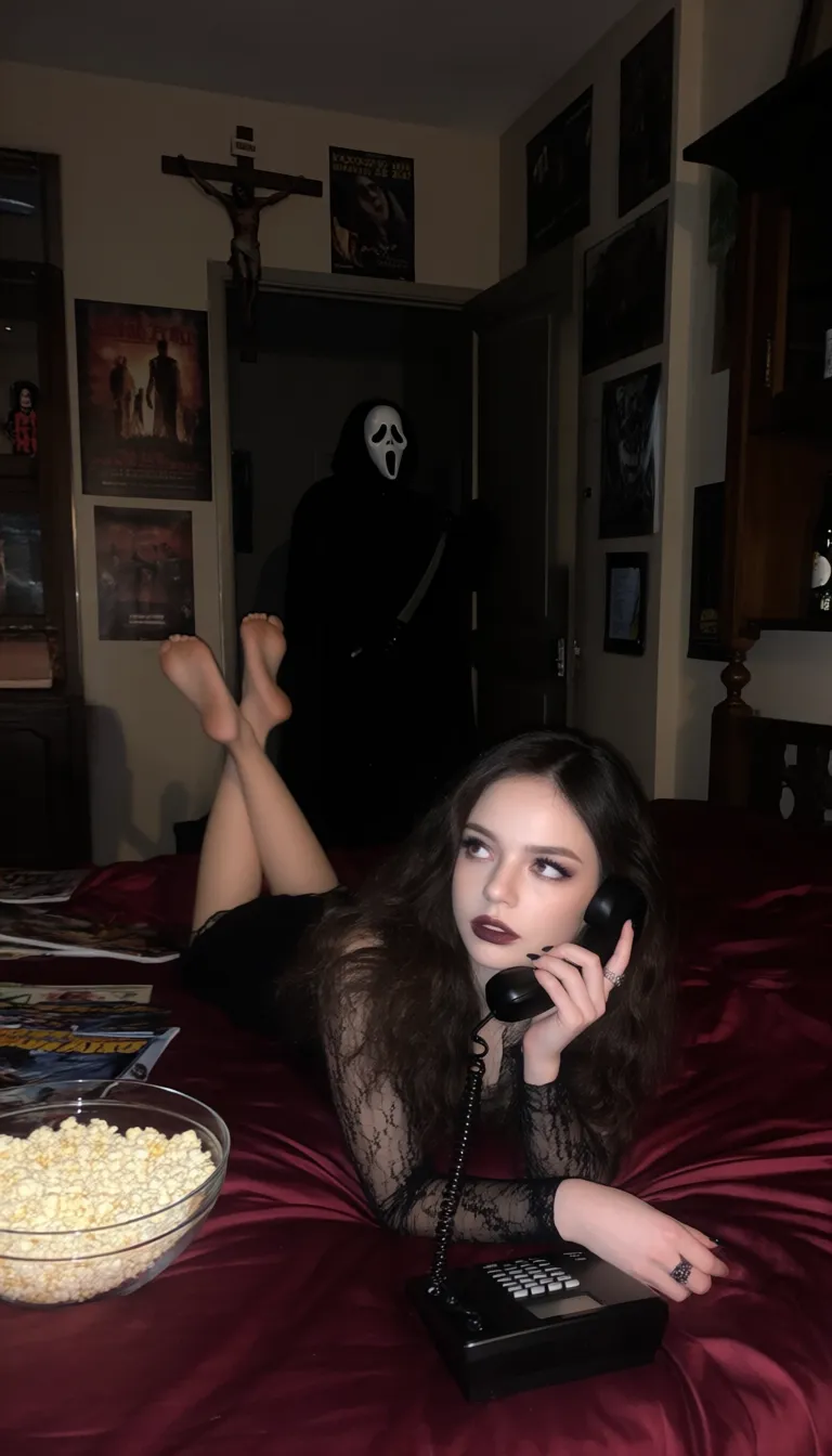Digital photograph, high resolution, ambient lighting, slightly grainy texture, indoor bedroom setting at night, young woman, early to mid 20s, fair skin tone, feet in the air, barefoot, lying on the stomach, long wavy dark brown to black hair with loose curls past shoulders, wearing dark burgundy lipstick, dramatic eye makeup with dark eyeshadow and mascara, black nail polish, sheer black lace or mesh long-sleeved top, black ring on right hand, reclining on bed with dark red satin sheets, holding black corded telephone handset to ear with right hand, left hand resting near black push-button telephone base, large glass bowl filled with popcorn on left side of bed, horror movie magazines or comic books visible on bed, contemplative or concerned expression, gaze directed upward to her left, figure wearing white Ghostface mask from Scream franchise standing in doorway in background and holding machete, multiple movie posters on walls including crucifixion scene and other horror film imagery, dark wooden furniture with bottles visible on right side shelf.