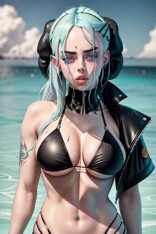 Billie Eilish in black bikini looking to the camera in seductive way, with sexy face, sexy body, big breast, good face,