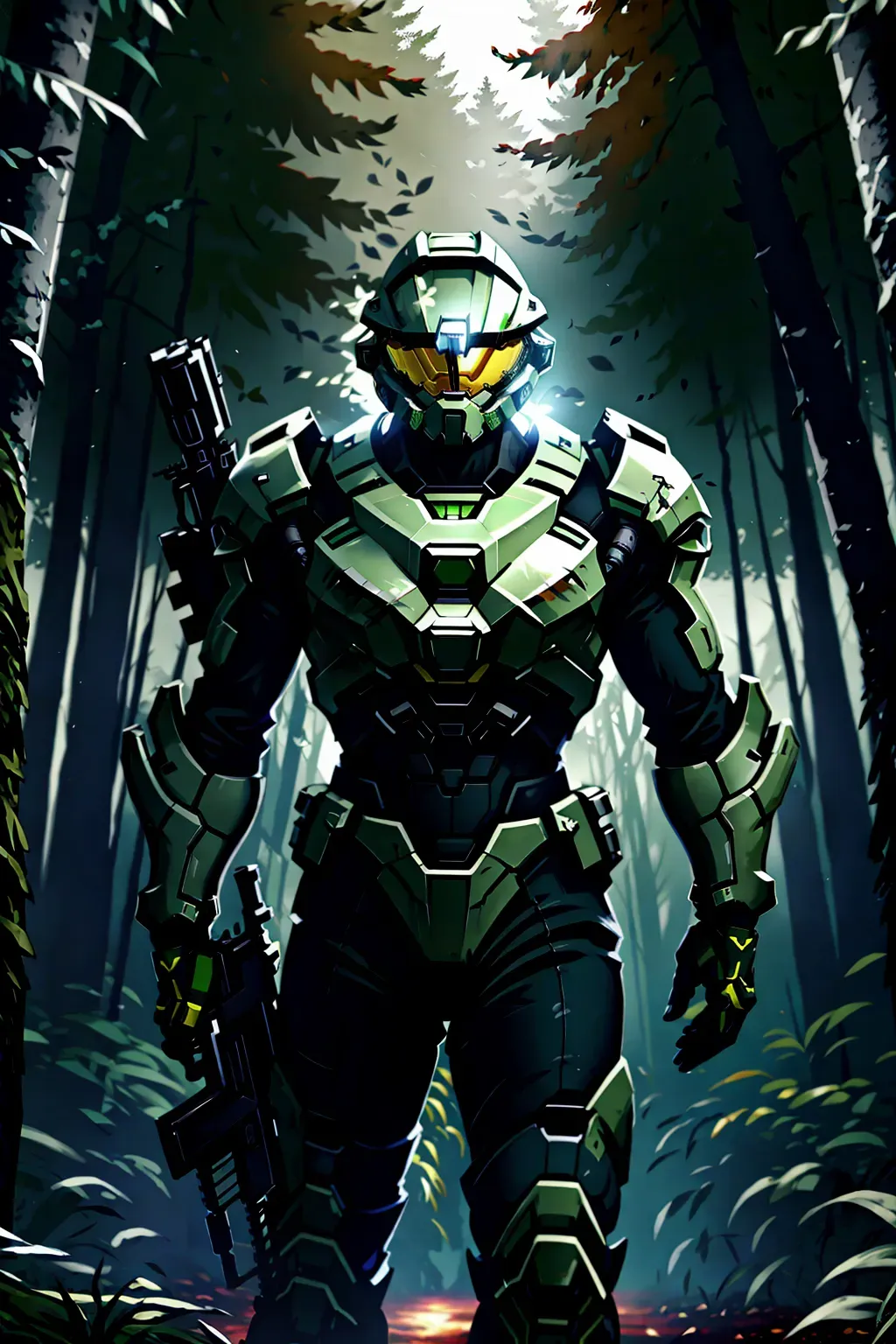 halo, spartan, helmet on, with gun, anime, male, 8k wallpaper, best quality, ultra hd, global lighting, hi-resolution, high quality, in the forest