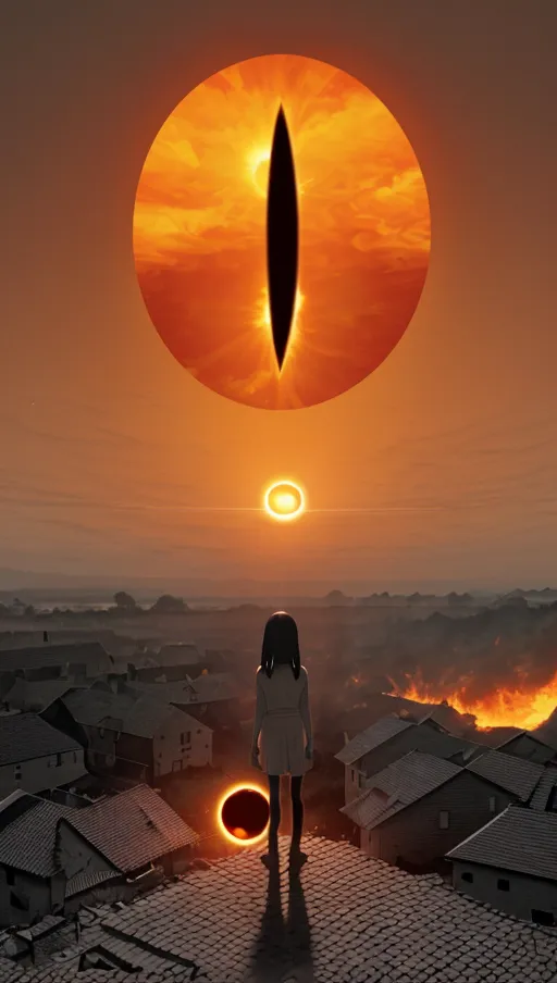 ((the sun in the sky has a thin black oval inside it)),
(The village beneath is on fire),
