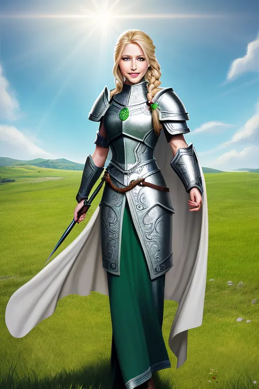 charactersultra realistic depiction Full body portrait of a 29 years old female human d and d cleric She has blond hairs and light green eyes She has a long braid She is wearing a fantasy armor She has a shield with a stylized sun in its center she has a laughing expression In the background there is a grassy expanse