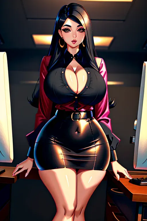Gorgeous Arab teen bimbo, huge enormous perky tits, straight black hair, cute young face, full plump beautiful big lips, slim waist, perfect curvy hourglass figure, sexy office secretary outfit, very tight button-down blouse, tight pencil skirt, bent over at the waist to show cleavage, photorealistic
