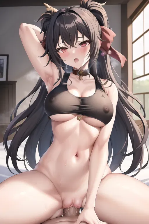best quality, masterpiece, 1girl, 1boy, sex, nsfw, dpmg_cowgirl_v1, red eyes, long hair, black hair, low tied hair, large breasts, mature female, (white tank top, tank top, crop top, white top), clothed sex, blush, ahegao