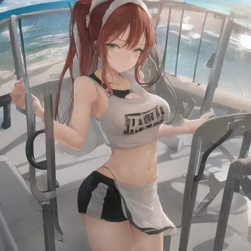 wide shot, 20 year old, a maid, athletic, gym outfit, white, beach, daytime, sunlight, happy, 8k, professional