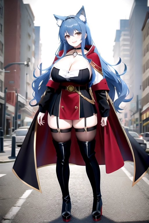 8k quality, brown eyes, pale white skin, blue hair, giant breasts, cleavage, looking at viewer, pov, long hair, wavy hair, full body photo, smiling, black miniskirt, tights, dark red dress, dark red top, black cloak, high heels, thigh high boots, black choker, wolf ears, thick black belt